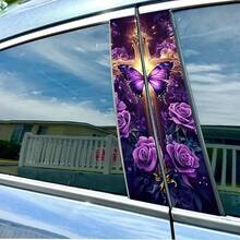 2pcs Of Premium Waterproof Vinyl Stickers For Car Center Pillars, And Creative B-Pillar Protective Film, Elegant Purple Rose And Butterfly Car Stickers, Suitable For Cars, Walls, Window Glass, Etc - A - View 4