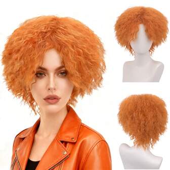 Short Orange Anime Cosplay Synthetic Wig 12 Inch Fluffy Curly Adjustable Size High Quality Women's Wig