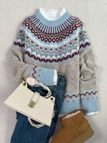 Women's Autumn/Winter Fashionable & Comfortable Geometric Fairisle Pattern Crew Neck Loose Fit Knit Pullover Sweater - Khaki - View 2