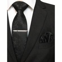 Mens Solid Color Paisley Necktie And Pocket Square With Tie Clip Sets - màu đen - Xem 4