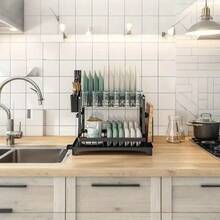 [Multi-Layer Drainable Rack Under Sink]Heavy-Duty Material Durable, Classified Storage For Dishes/Tableware | Built-In Drainage Anti-Clogging, No Water Accumulation Easy To Maintain, Alternative To Kitchen Storage Boxes | Space-Saving Design, Specific For Small Kitchen Cabinets, Modern Black Fits Various Styles | Easy To Clean, Strong Load-Bearing, Good Helper For Kitchen Organization Kitchen Items Kitchen Accessories Kitchen Tools