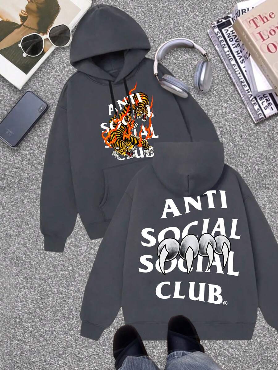 Black Hooded Sweatshirt For Men And Women, Featuring An Anti-Social Club Tiger Flame Print With Claw Marks And Text Design. Perfect For Casual Streetwear And Suitable For Daily Outings - Ideal For Teenagers And Adults. A Great Gift Choice For Birthdays And Holidays. Cotton Hoodie - Youth Sweatshirt - Birthday Gift For College Students - Halloween Gift - Men's Autumn And Winter Jacket. - Grey - View 1