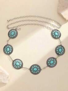 A Round Retro Pattern Turquoise Fashion Temperament Waist Chain, Women's Fashion All-Match Dress Belt, Body Jewelry, Christmas Accessories Waist Chain. Suitable For Spring, Summer, Autumn And Winter, Punk Style. - Round Sun - View 7