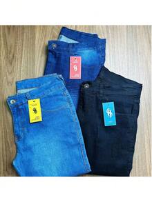Kit 3 Calça Jeans 48-56 preto media escura Masculina Laicra slim Básica Casual premium Direto Da Fábrica com elastano - Multicolorido - Visão 7