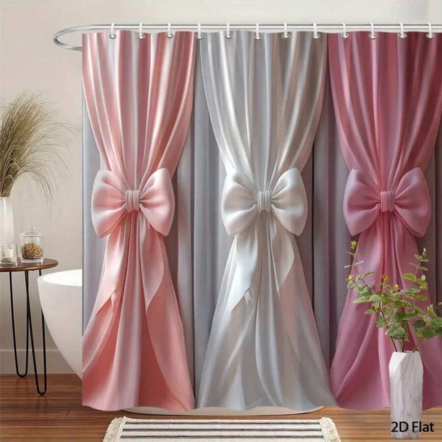 1pc 66x72in Shower Curtain Home Decor, Elegant Satin Bow Shower Curtain - Soft Pink & White Gradient With Luxurious Bows, Machine Washable Polyester Bathroom Decor, Includes 12 Hooks, Housewarming Gift, Shower Privacy | Sophisticated Design | Luxurious Appearance, Shower Curtain Sets For Bathrooms Zxl - trắng - Xem 1