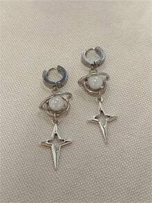 1 par de pendientes con colgante de estrella cuadrangular con estilo - Adecuado para uso diario, fiesta y viaje de las mujeres como regalo de joyería