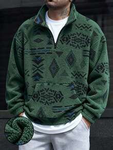 经典休闲男士毛绒套头衫，印花，立领，长袖，适合日常休闲、通勤、街头时尚，温暖的冬季新款 - 軍綠色 - 查看 5