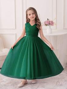 Tween Girl Olive Green Birthday Party Long Dress, Flower Girl Tulle Dress Suitable For Graduation, Prom, Wedding, Christmas - Dark Green - View 2
