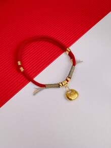 1件红色绳子和金色珠子幸运祝福铃铛宠物项圈项链，猫狗节日项链，宠物吊坠礼物