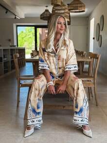 波西米亚风女装两件套，宽松翻领纽扣衬衫搭配阔腿裤，适合新年或秋季穿着。 - 香檳色 - 查看 5