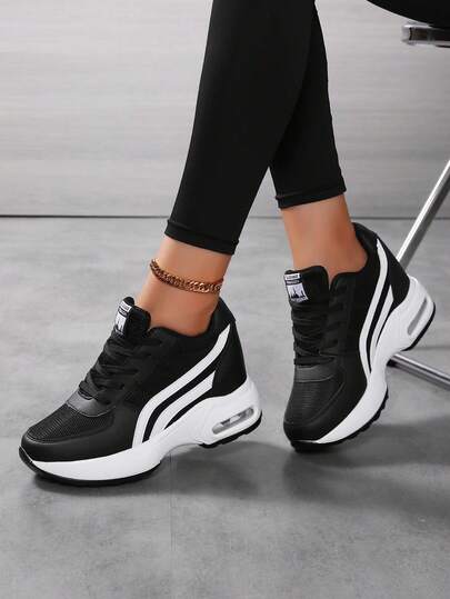 Women's Hidden Wedges Platform Sneakers Low Top Lace Up Shoes Increase Fashion Sneakers Athletic Walking Shoes High Heel Mesh Fashion For Women S - Lightweight, Breathable Mesh Casual Shoes, Black, All-Season Comfort