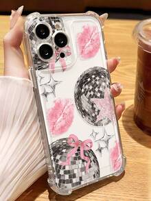 1 件复古时尚甜美迪斯科球、粉色嘴唇、蝴蝶结、星星图案透明防滑防摔软手机壳，兼容 Applepung - 彩色 - 查看 1