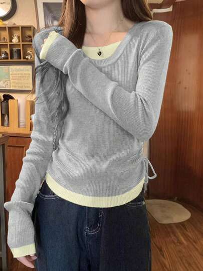 女士二合一抽绳针织毛衣，高品质韩版长袖打底衫，秋冬春季