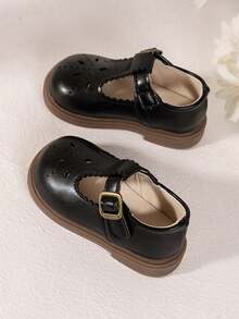 1pair Toddler Kids Korean Style Hook And Loop Non-Slip Soft Bottom Imitation Leather Shoes - Black - View 3