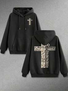 Ropa De Invierno Mujer 310g Men's   Pocket Hoodie, Front Camouflage Cross Small Logo, Back Scripture Camouflage Cross, Religious Outdoor Style, Autumn And Winter Casual Top. Sweatshirts For Men - 黑色 - 查看 6