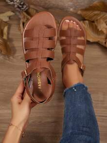 Women's Solid Color Hook And Loop Beach & Casual Flat Sandals - Brown - View 1