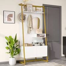 Modern Minimalist Compact Wardrobe, Open Multifunctional Storage Cabinet With Mirror, Metal Hooks, Clothes Rack With Shoe Bench, Closet, Shoe Storage, Clothes Rack. - White + MDF - 查看 4
