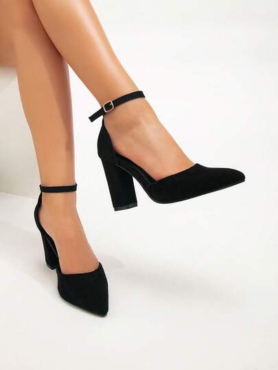 1 Pair Black High Heel Pumps, Solid Color, Commuting, Business, Sexy Party Basic Style, Fashion, Polyester, Buckle Closure, Pointed Toe, Chunky Heel, High Heels, Sandals, Office, All Season