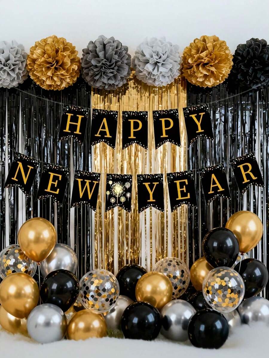 1pc Black & Golden Chinese New Year Banner With Golden Lettering - Elegant Chinese Characters & English Happy New Year Bilingual Party Decorations For Lunar New Year, Office, Events - Golden Lettered Black Paper Banner Flags - Multicolor - View 1