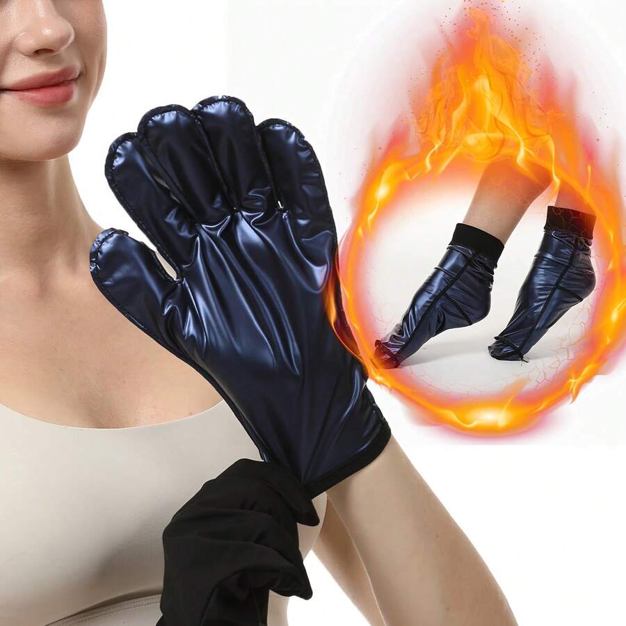 1 Pair Black Fitness Sauna Gloves - Shaping And Toning, 1 Pair Women's Sauna Socks - Moisturizing And Crack Prevention, Breathable Spandex Foot Care Socks For Dry Feet, Suitable For All Seasons Home Use, Hand Wash Only, Solid Black, Sauna Accessories, Foot Moisturizer, Fashionable Sock Design, Durable Sock Material - Black - View 1