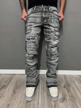 Jeans ajustados para hombres con roturas, jeans con pierna acampanada y bajo deshilachado, de tela de algodón con bolsillos en sesgo, versátiles y casuales