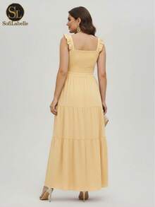 Women's Plus Size Long Dress, Three Marias Style, Elegant Evangelical Fashion, Party Dress, Sleeveless, Strapless, Ruffled, Dune - 糖果黃 - 查看 2