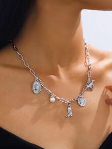 2 Juegos, Collar de cadena de perlas asimétrico vintage, Colgante de sombrero y botas vaqueras, Pulsera de estilo occidental