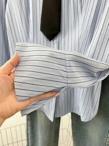 Spring Women's Collared Striped Cinching Waist Blouse With Flared Sleeves, Valentine's Day