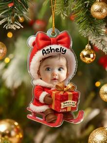 1pc Customized Personalized Baby Festive Cheer On A Sled Personalized Acrylic Christmas Ornament,Custom Christmas Ornaments With Baby Photos And Names,2025 Keepsake For Newborn,Baby First Christmas 2025,Personalized Gifts,Customized Christmas Gifts,Christmas,Custom Christmas Ornaments