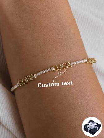 1pc Customized Rhinestone Name Bracelet, Can Customize 1, 2, 3, 4 Or 5 Names With Gemstone Chain, Personalized Adjustable Stainless Steel Pendant Bracelet, Customized Gold Brand Jewelry Couple Memorial Gift, Boyfriend Birthday Gift, Multi-Functional, Decorative