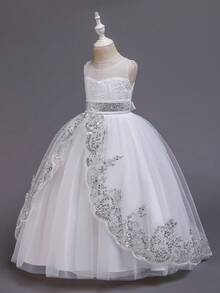 Vestido de princesa para niñas, vestido de fiesta con decoración de lentejuelas sin mangas, vestido largo de tul, vestido para recital de piano, vestido de princesa - Blanco - Ver 3