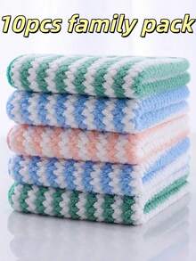 10 Pack Thick Wave Ion Kitchen Dish Cloths, Striped Coral Fleece Cleaning Degreasing Non-Stick Cleaning Cloths For Kitchen, Bathroom, Home, Household Supplies - 彩色 - 查看 10