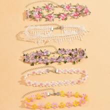 Stacked Pink Lace Trim Embroidered Choker Necklace Set Ins Design Sense Flower Collarbone Chain For Women Daily Wear, Date Out Style, Easily Enhance Girlish Look - YR4142-3 - 查看 4