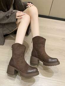 Women's Fashionable Thick Sole Back Zipper Splice Mid-Calf Elastic Boots, Trending Chunky Heel Punk Style Boots, Chestnut Brown, Comfortable Round Toe, Plus Size