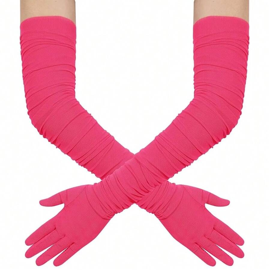 Hazhlko Women's Super Long Stretchy Ruched Mesh Tulle Sheer Gloves Costume Opera Party 1920's Dance Gloves{"Color_name":"Rose"} - rose - 查看 1