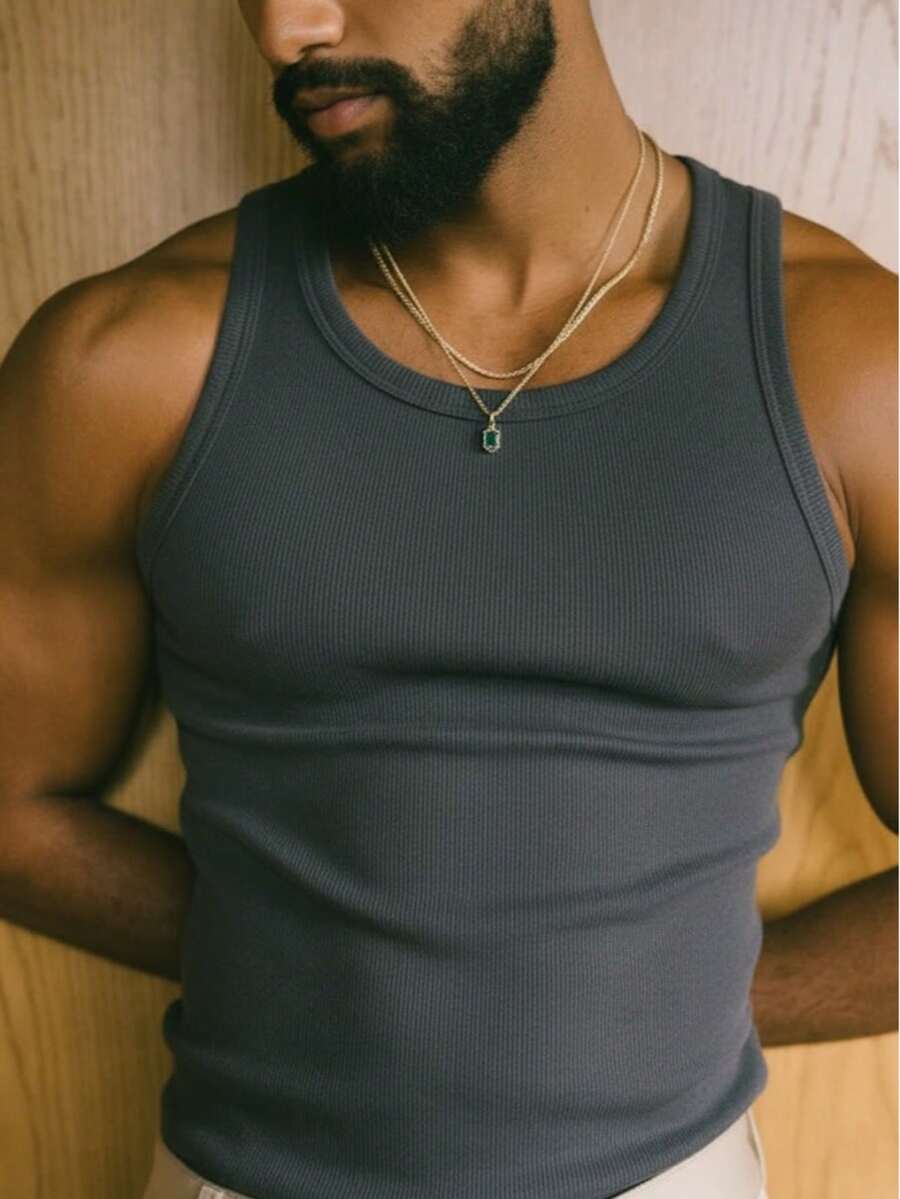 Men's Casual Basic Star Boy Style Cotton Tank Top - 深灰色 - 查看 1