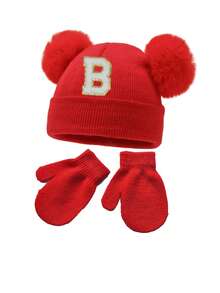 2件套针织帽和手套，婴儿A-Z字母针织帽配红色手套，女婴帽，儿童针织帽，婴儿配饰，童帽，弹性帽，0-3岁幼儿男女童帽 - 紅色 - 查看 4