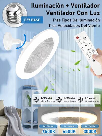 Luz de ventilador LED inteligente con luz de alto flujo de viento Ventilador de techo de 3 velocidades con atenuador, ventilador de 17 modos, diseño sigiloso sin aspas, control remoto, interfaz E27, uso en interiores, no requiere batería, montaje moderno y vertical, adecuado para el hogar, la oficina, el restaurante