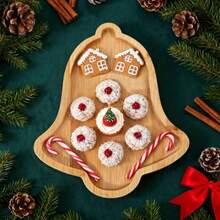 Wooden Tree Charcuterie Board, 28cm Xmas Snack Cookie Tray Platter Serving Dish Plate Fruit Bowl, Veggie Food Plate Cutting Board Xmas Holiday Table Decorations Supplies Bell