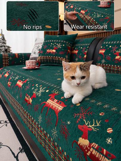 1件装四季皆宜的圣诞装饰沙发垫套，现代简约可爱小鹿图案防滑沙发座垫，防尘可水洗沙发套，柔和苔藓绿，宠物友好，适用于L型沙发和1/2/3/4人座沙发