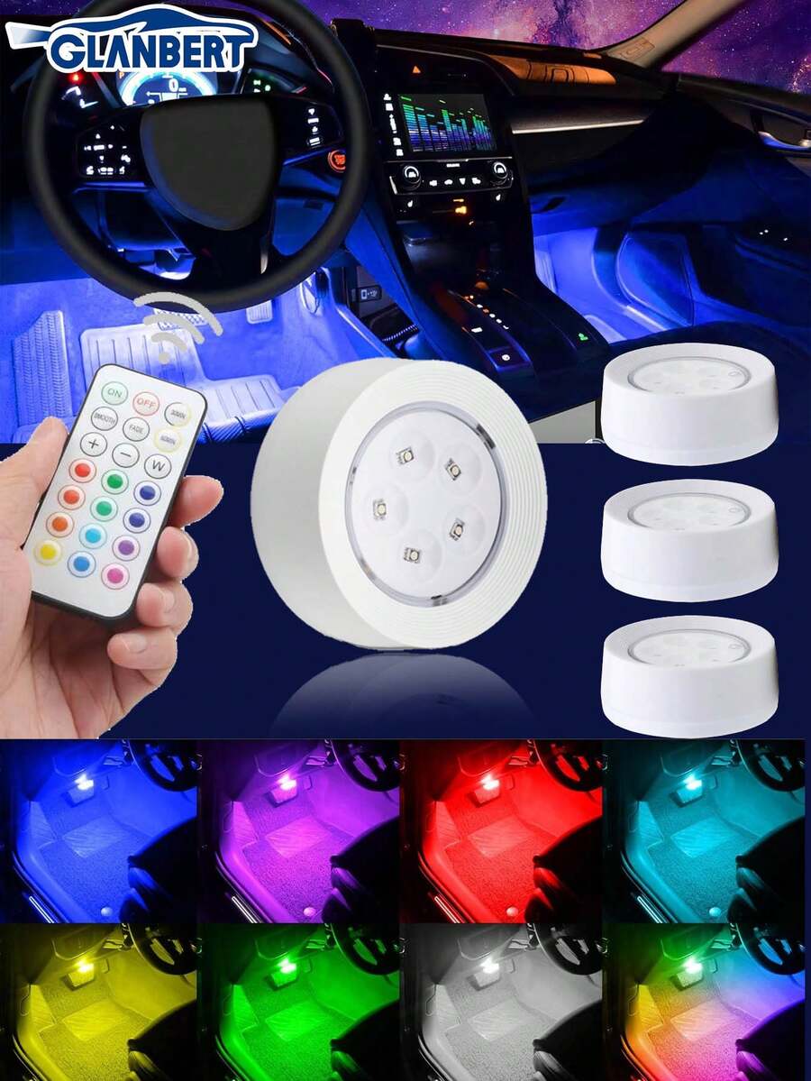 GLANBERT 3" Wireless Interior Car Led Lights With Remote Control, 16 Colors, Magnetic Touch Ambient Led Lights For Decor - Multicolor - View 1