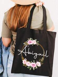 2pcs/Set Customized Name With Floral Wreath Pattern Tassel Canvas Bag And Makeup Pouch Set, Women'S Shoulder Bag, Shopping Bag, Portable Casual Storage Handbag, Suitable For Daily Travel, Beach Vacation, Large Capacity Shopping Bag