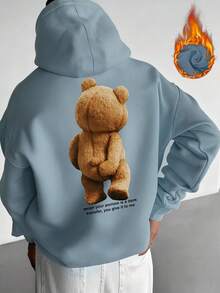 男士秋冬新款休闲创意文字卡通熊印花连帽卫衣 - 淺藍色 - 查看 4