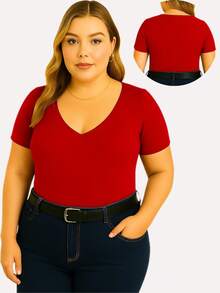 Kit With 3 Basic Women's Plus Size V-Neck Blouses - Navy Blue/red/off - View 4