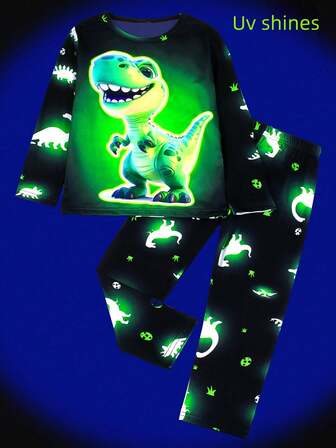 2pcs/Set Young BoyRound Neck Dinosaur Print Pajama Set, UV Shines, Home Wear Outfit For Kids, All Seasons
