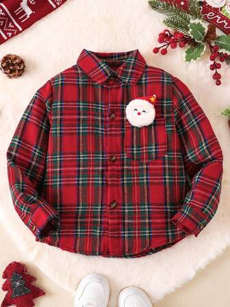 Young Boys Plaid Christmas Graphic Long Sleeve Shirt