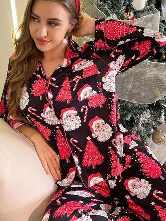 2 piezas Conjunto de pijama de mujer con estampado de Papá Noel y árbol de Navidad de manga larga, camisa de punto con cuello, botones y bolsillos, y pantalones con cintura elástica, adecuado para todas las estaciones como ropa de estar en casa, ropa de invierno