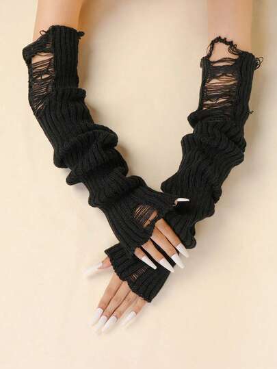 1 Paio di Polsini in Maglia Strappati e Spessi per Donna, Accessori Moda Versatili di Colore Unito per Autunno/Inverno