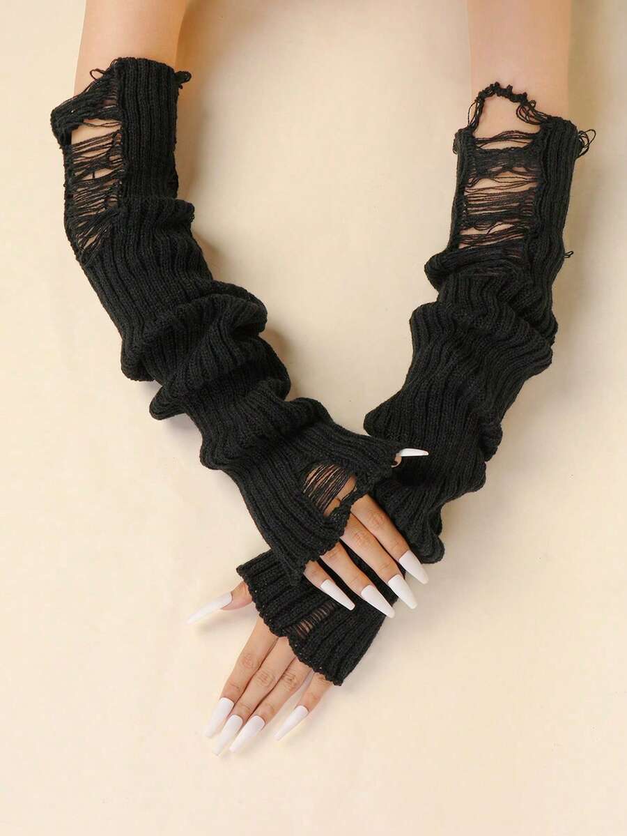 1 paire de manchettes tricotées à poils longs et déchirées pour femme, mitaines à la mode et polyvalentes de couleur unie pour l'automne/hiver