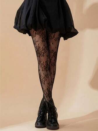 1 Pair Of Women's Black Floral Fishnet Transparent Pantyhose - 100% Breathable Delicate Leg Socks, Delicate Foot Coverage, Multifunctional Dress/Shorts Basement, Women's Transparent Stockings, Women's Pantyhose